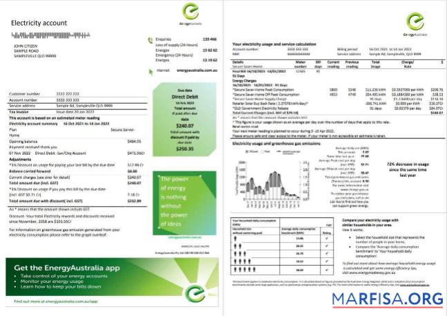 Blank Australia Energy Australia electricity utility bill template in Word and PDF format, 3 pages 1 2